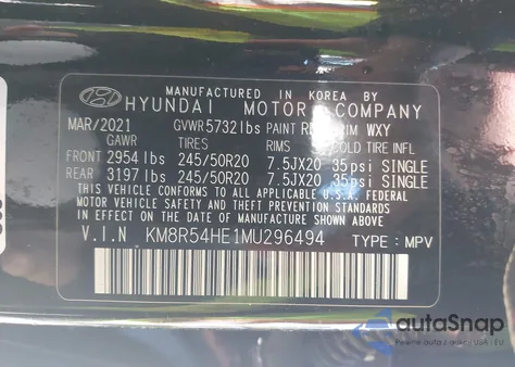 2021 Hyundai Palisade Limited из США, поврежденный, VIN KM8R54HE1MU296494
